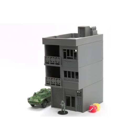 Middle East Urban Building MET_03 z BTR-em i figurką, 4 kondygnacje z tarasem dachowym, teren 28mm Patrick Miniatures
