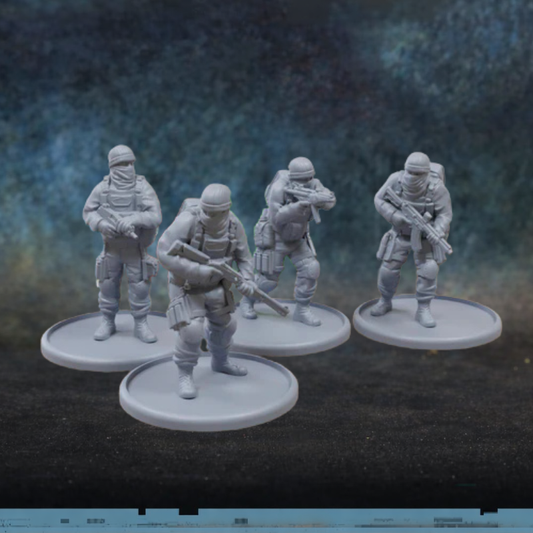 Rogue Element Operatives – 4 figurki operatywów w pełnym rynsztunku taktycznym z karabinkami w skali 28mm, żywica, druk 3D, Patrick Miniatures

