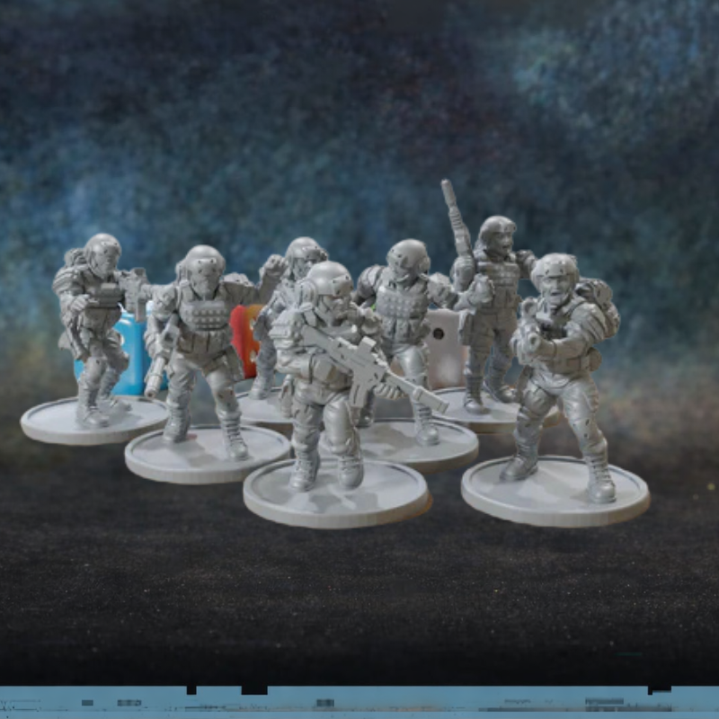 Ranger Squad Art of Mike Patrick Miniatures – 5 figurek żołnierzy US Rangers w pełnym rynsztunku taktycznym z karabinkami, miotaczem ognia i tarczą balistyczną, druk 3D żywica 28mm widok z przodu
