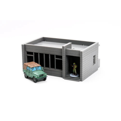 Small Pump Station Shop z UAZ-em i figurką w kombinezonie, duże witryny sklepowe, teren 28mm Patrick Miniatures
