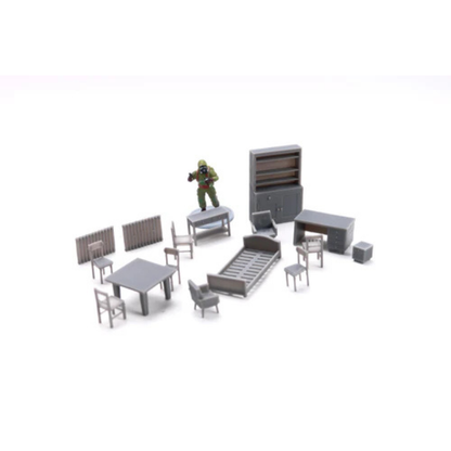 Era Furniture Set A – zestaw mebli radzieckich z figurką żołnierza, widok z góry, akcesoria 28mm Patrick Miniatures
