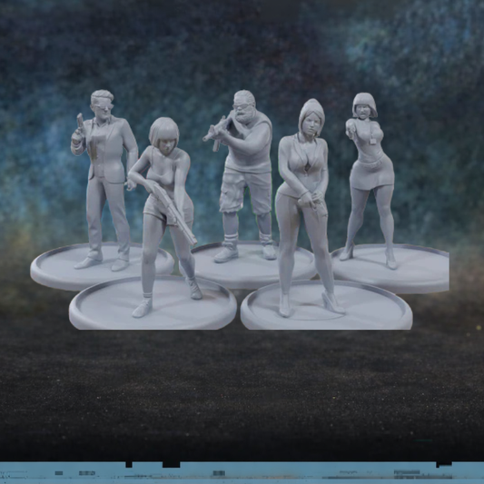 Armed Civilians Patrick Miniatures TurnBase Miniatures – 5 figurek uzbrojonych cywilów: mężczyzna z butelką, kobiety z bronią białą i pistoletem, mężczyzna z kijem bejsbolowym, druk 3D żywica 28mm widok z przodu
