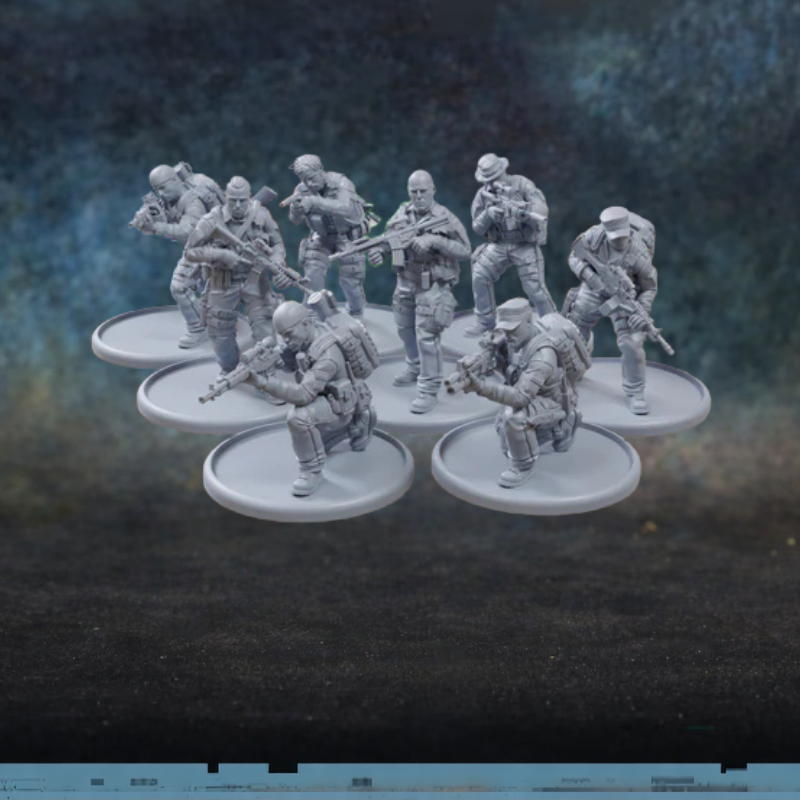 US Navy SEALs Jungle Ops Patrick Miniatures TurnBase Miniatures – 8 figurek operatorów Navy SEALs w dżunglowym kamuflażu z karabinkami M4 i snajperką, druk 3D żywica 28mm widok z przodu
