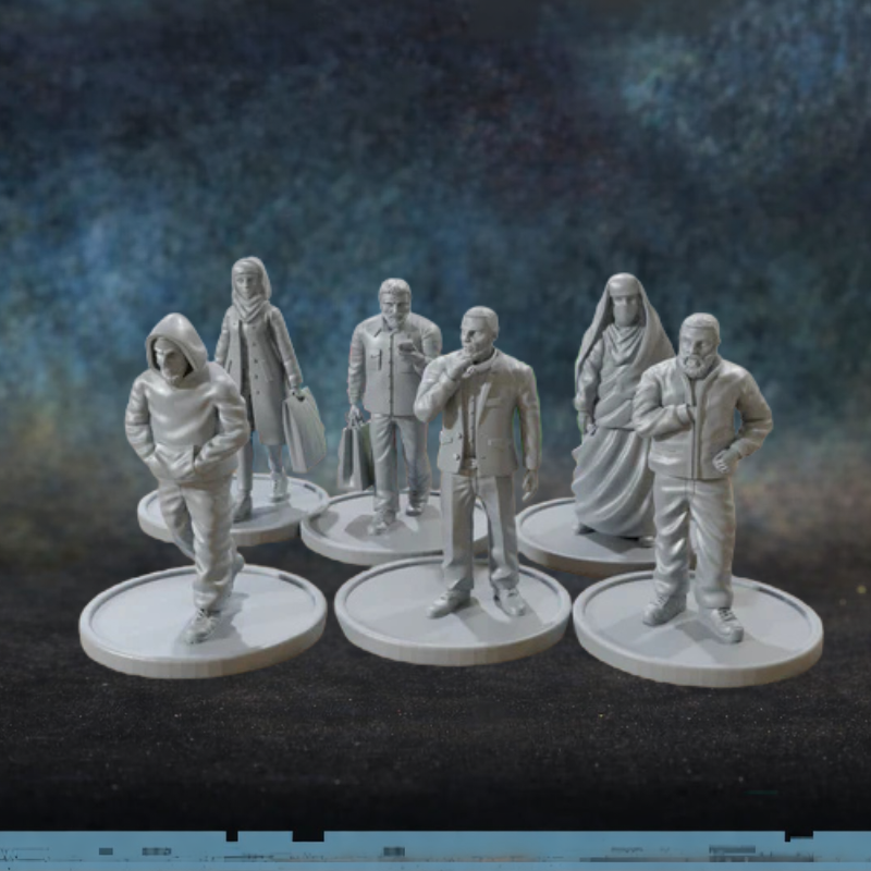 Middle East and North Africa Civilians Combat Octopus Patrick Miniatures – 6 figurek cywilów z Bliskiego Wschodu i Afryki Północnej: kobiety w hidżabach, mężczyźni w tradycyjnych strojach i kurtce, druk 3D żywica 28mm widok z przodu
