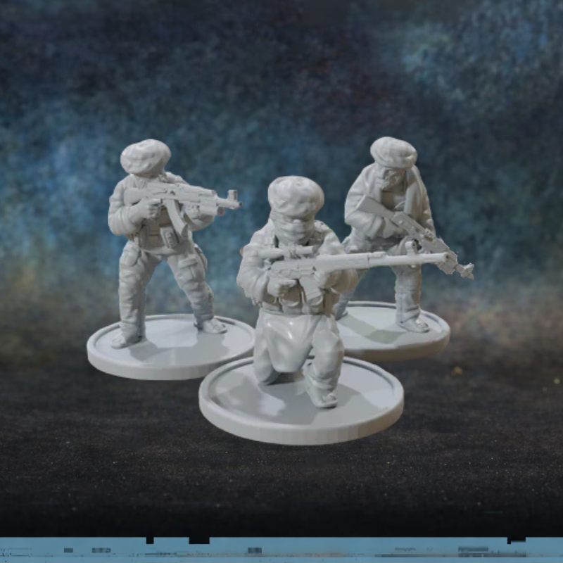Taliban – 3 figurki afgańskich bojowników z AK-47 i RPG w skali 28mm, żywica, druk 3D, Patrick Miniatures
