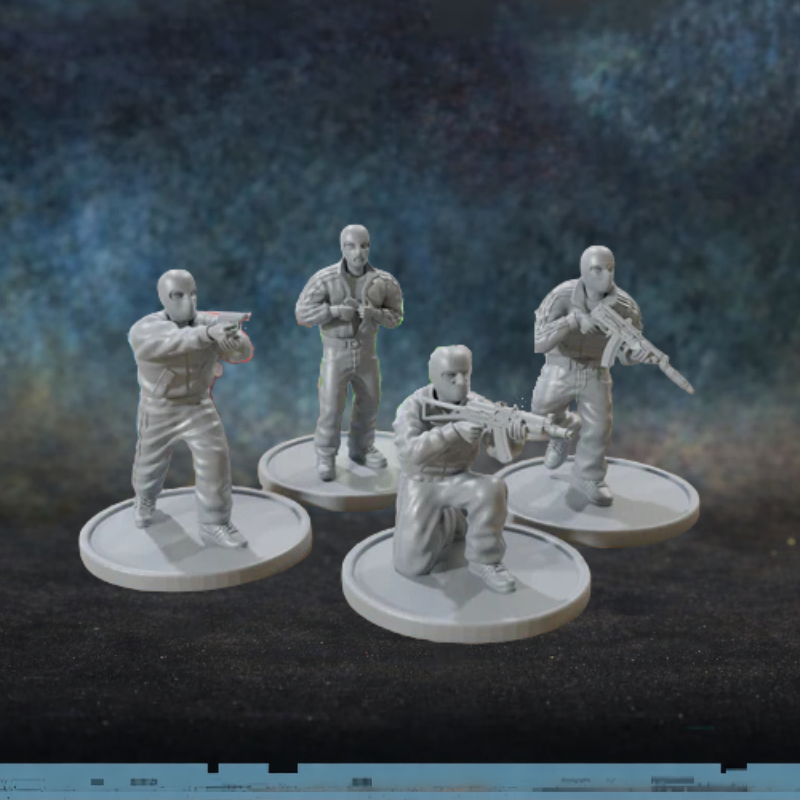 Masked East European Street Thugs Combat Octopus Patrick Miniatures – 4 figurki zamaskowanych chuliganów wschodnioeuropejskich z pistoletem, AK i karabinkiem, druk 3D żywica 28mm widok z przodu
