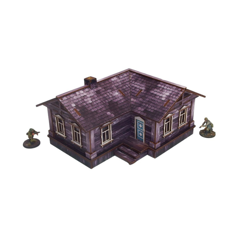 Ostfront Village Maria's House – widok narożnika z wejściem i schodami, żołnierze po bokach, 28mm Bolt Action
