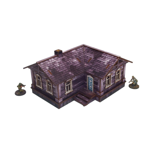 Ostfront Village Maria's House – widok narożnika z wejściem i schodami, żołnierze po bokach, 28mm Bolt Action
