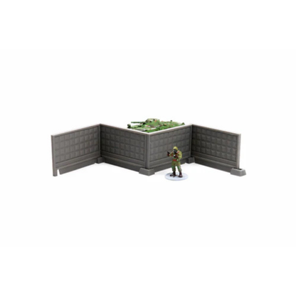 Modular Concrete Fences z czołgiem i figurką żołnierza, 4 płyty ułożone w kąt prosty, teren 28mm Patrick Miniatures
