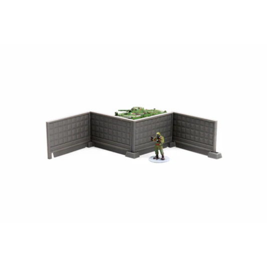 Modular Concrete Fences z czołgiem i figurką żołnierza, 4 płyty ułożone w kąt prosty, teren 28mm Patrick Miniatures
