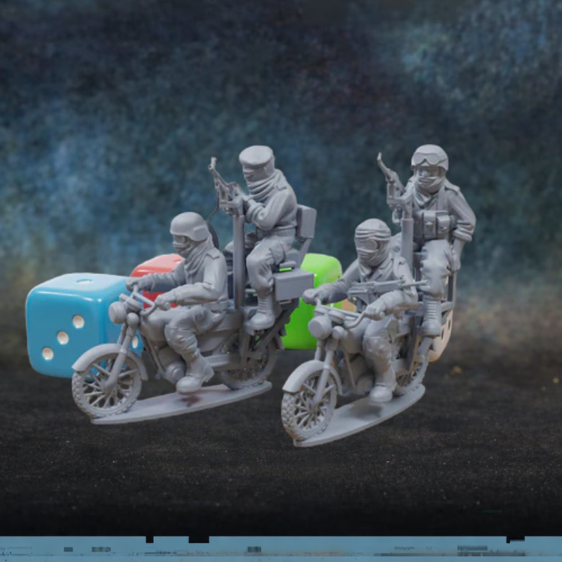 Modern African Motorbikes – 2 figurki uzbrojonych motocyklistów w skali 28mm, żywica, druk 3D, Patrick Miniatures
