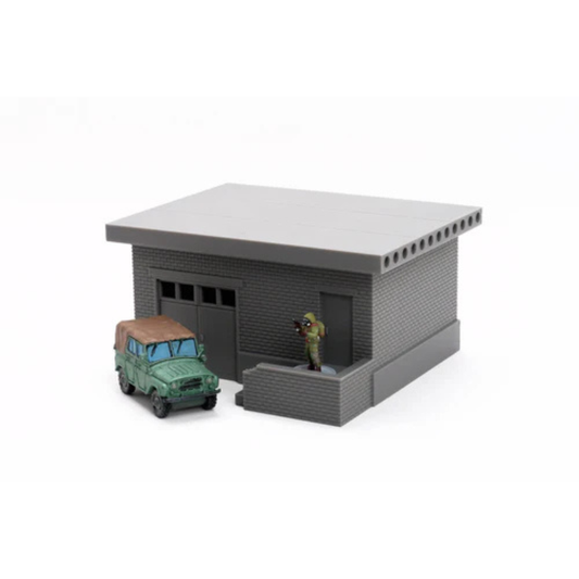 Mid Size Utilities Shed z UAZ-em i figurką, szopa z bramą garażową, teren 28mm Patrick Miniatures
