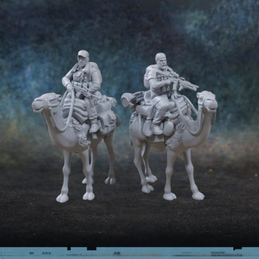 Camelback Commandos – 2 figurki komandosów na wielbłądach w skali 28mm, żywica, druk 3D, Patrick Miniatures
