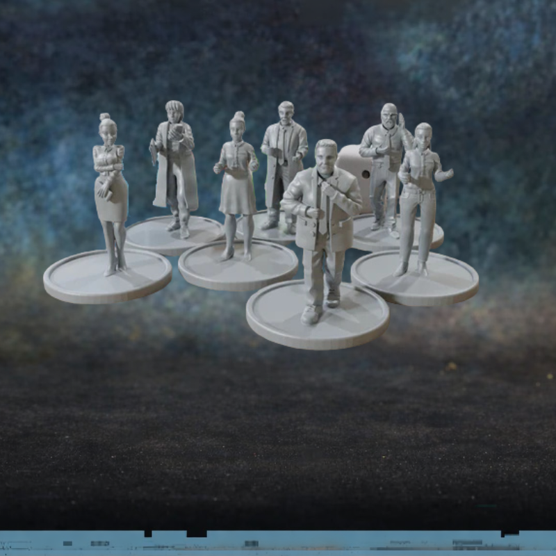 Office Civilians Patrick Miniatures TurnBase Miniatures – 7 figurek cywilów biurowych: kobiety i mężczyźni w garniturach i fartuchach laboratoryjnych z robotem, druk 3D żywica 28mm widok z przodu
