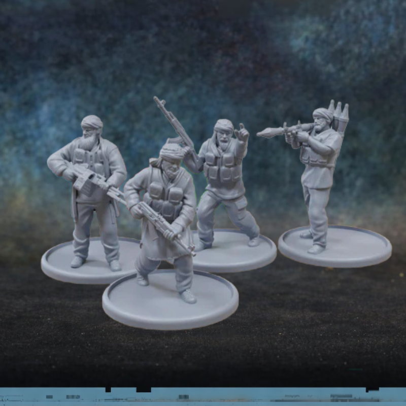 Rebels Squad TurnBase Miniatures Patrick Miniatures – 4 figurki rebeliantów w cywilnych ubraniach z AK, RPG i karabinkiem, chusty i kurtki, druk 3D żywica 28mm widok z przodu
