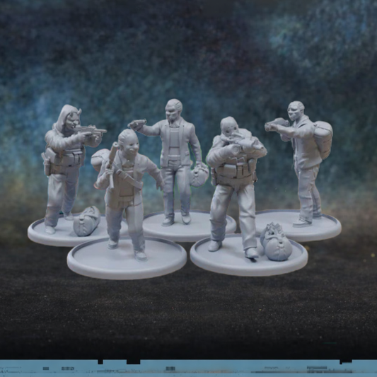 The Heist Bank Robbers Patrick Miniatures TurnBase Miniatures – 5 figurek rabusiów bankowych w garniturach i maskach z pistoletami i torbami na łup, druk 3D żywica 28mm widok z przodu
