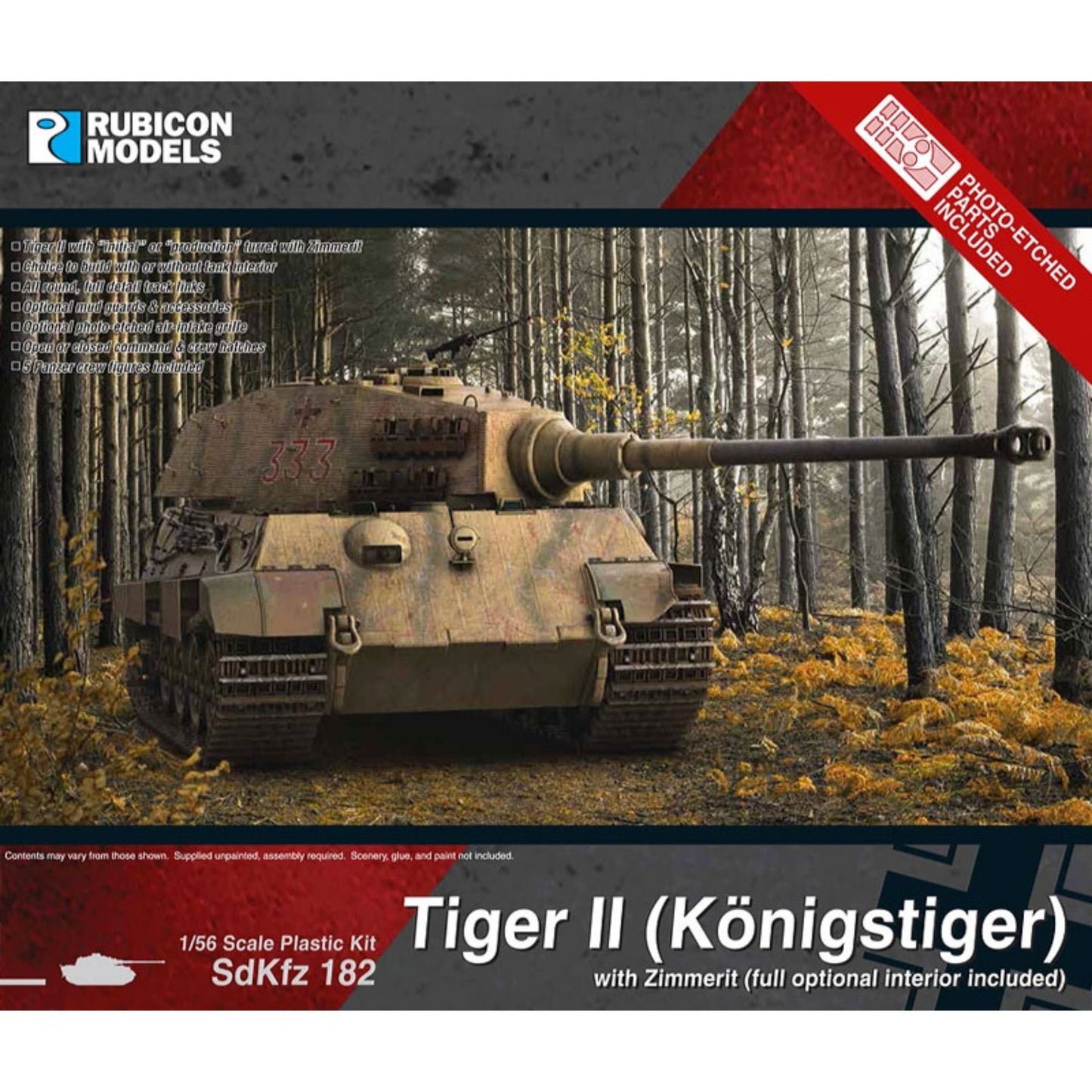 Rubicon Models 280100 Tiger II Königstiger z Zimmeritem – pudełko 1/56 SdKfz 182: czołg ciężki Tiger II w kamuflażu piaskowym z Zimmeritem w jesiennym lesie, wieża produkcyjna Henschel z armatą 88mm, numer 333, logo Rubicon Models, napis Photo-Etched Parts Included