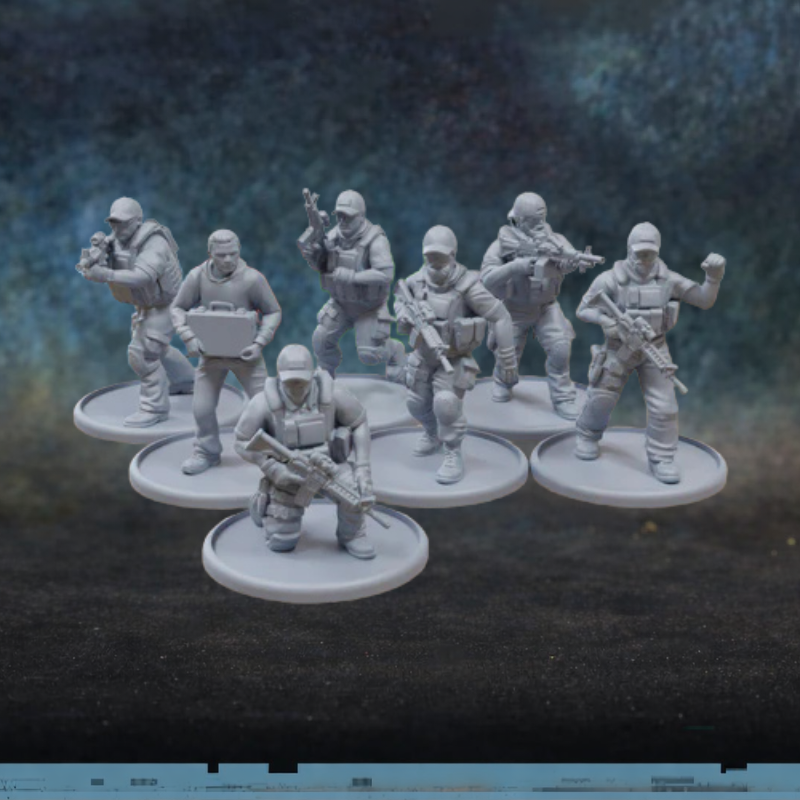 Private Military Contractors Black Hill Games Patrick Miniatures – 7 figurek prywatnych kontraktorów wojskowych z karabinkami, laptopem i w pełnym rynsztunku taktycznym, druk 3D żywica 28mm widok z przodu
