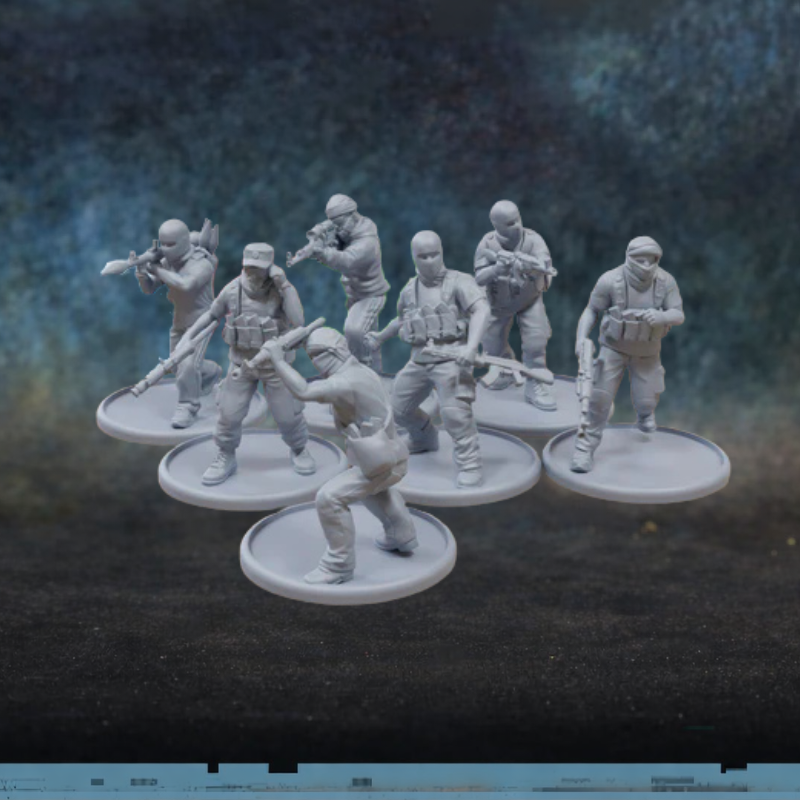 Middle East Insurgent Specialists Patrick Miniatures TurnBase Miniatures – 7 figurek insurgentów bliskowschodnich w kominiarach z AK, karabinami i wyrzutnikami, druk 3D żywica 28mm widok z przodu
