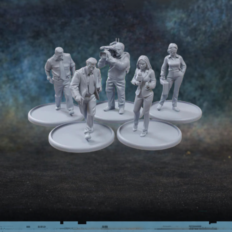 Civilians Set 2 Patrick Miniatures TurnBase Miniatures – 5 figurek cywilów: dziennikarz z kamerą, reporterka z mikrofonem, mężczyzna w garniturze, kobieta i ochroniarz, druk 3D żywica 28mm widok z przodu
