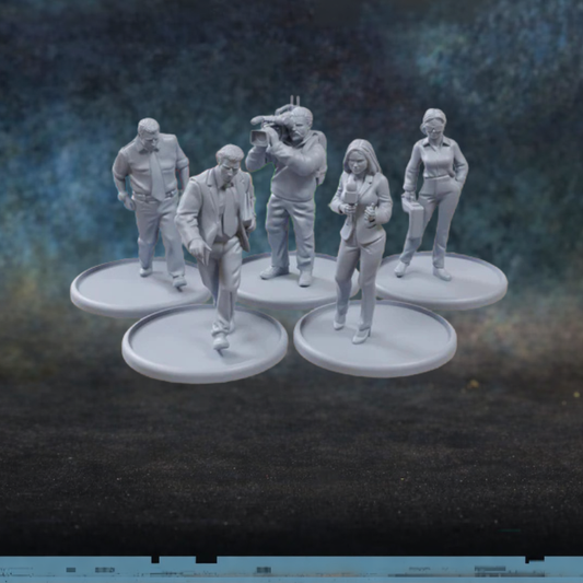 Civilians Set 2 Patrick Miniatures TurnBase Miniatures – 5 figurek cywilów: dziennikarz z kamerą, reporterka z mikrofonem, mężczyzna w garniturze, kobieta i ochroniarz, druk 3D żywica 28mm widok z przodu
