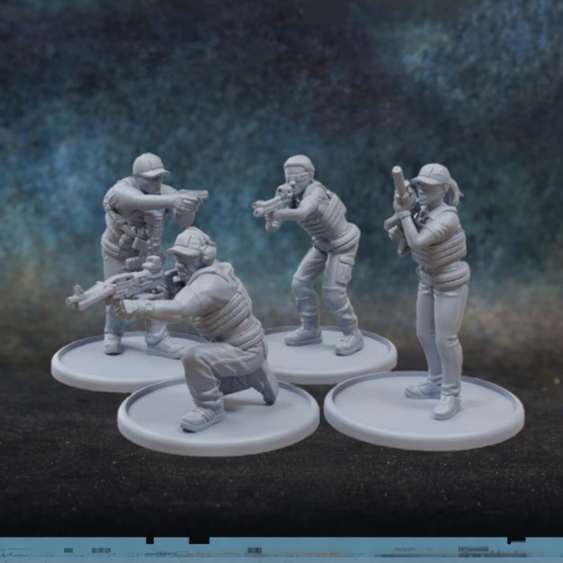 PMC Bravo Combat Octopus Patrick Miniatures – 4 figurki kontraktorów PMC w cywilno-taktycznym rynsztunku z pistoletami maszynowymi i karabinkami, czapki z daszkiem i kamizelki, druk 3D żywica 28mm widok z przodu
