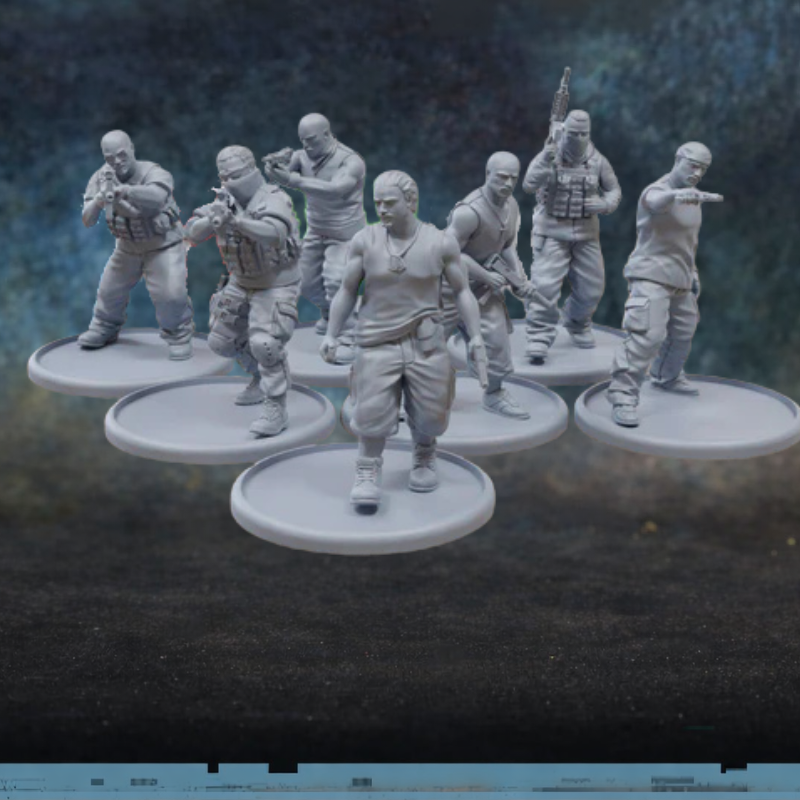 Cartel Street Gang Patrick Miniatures TurnBase Miniatures – 7 figurek gangsterów kartelu w cywilnych ubraniach z pistoletami, karabinkami i maczetą, druk 3D żywica 28mm widok z przodu
