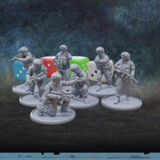 USMC Rifle Squad TurnBase Miniatures Patrick Miniatures – 7 figurek marines USMC w pełnym rynsztunku taktycznym z karabinkami M16/M4 i snajperką, druk 3D żywica 28mm widok z przodu
