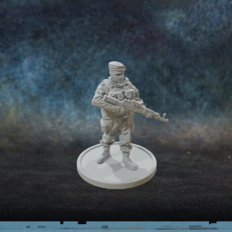 Commando – figurka zamaskowanego komandosa z karabinkiem w skali 28mm, żywica, druk 3D, Patrick Miniatures
