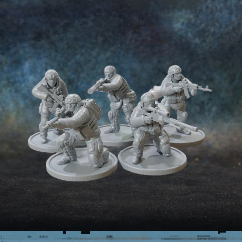 Russian PMC Team TurnBase Miniatures Patrick Miniatures – 5 figurek rosyjskich kontraktorów PMC z DMR, snajperką, LMG i karabinkami AK w pełnym rynsztunku taktycznym, druk 3D żywica 28mm widok z przodu
