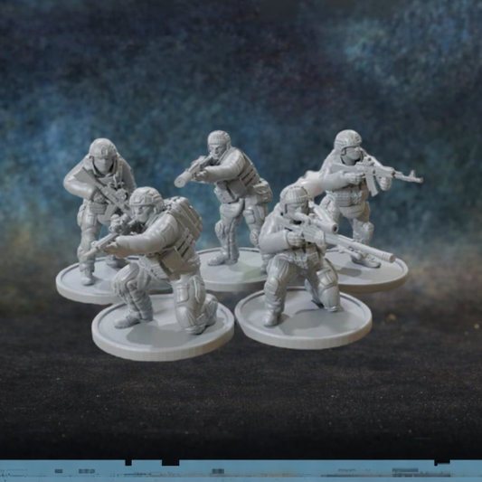 Russian PMC Team TurnBase Miniatures Patrick Miniatures – 5 figurek rosyjskich kontraktorów PMC z DMR, snajperką, LMG i karabinkami AK w pełnym rynsztunku taktycznym, druk 3D żywica 28mm widok z przodu
