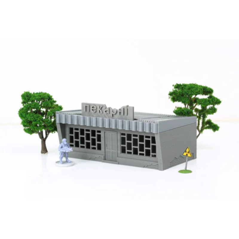 Local Store z figurką żołnierza i znakiem radioaktywności, szyld Piekarnia, teren 28mm Patrick Miniatures
