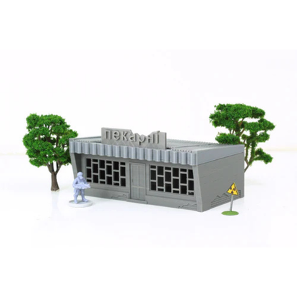 Local Store z figurką żołnierza i znakiem radioaktywności, szyld Piekarnia, teren 28mm Patrick Miniatures
