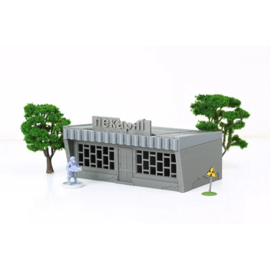 Local Store z figurką żołnierza i znakiem radioaktywności, szyld Piekarnia, teren 28mm Patrick Miniatures
