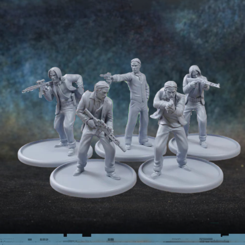 The Boogeyman TurnBase Miniatures Patrick Miniatures – 5 figurek operatorów w cywilnych ubraniach z karabinkami, pistoletem i bronią białą, druk 3D żywica 28mm widok z przodu
