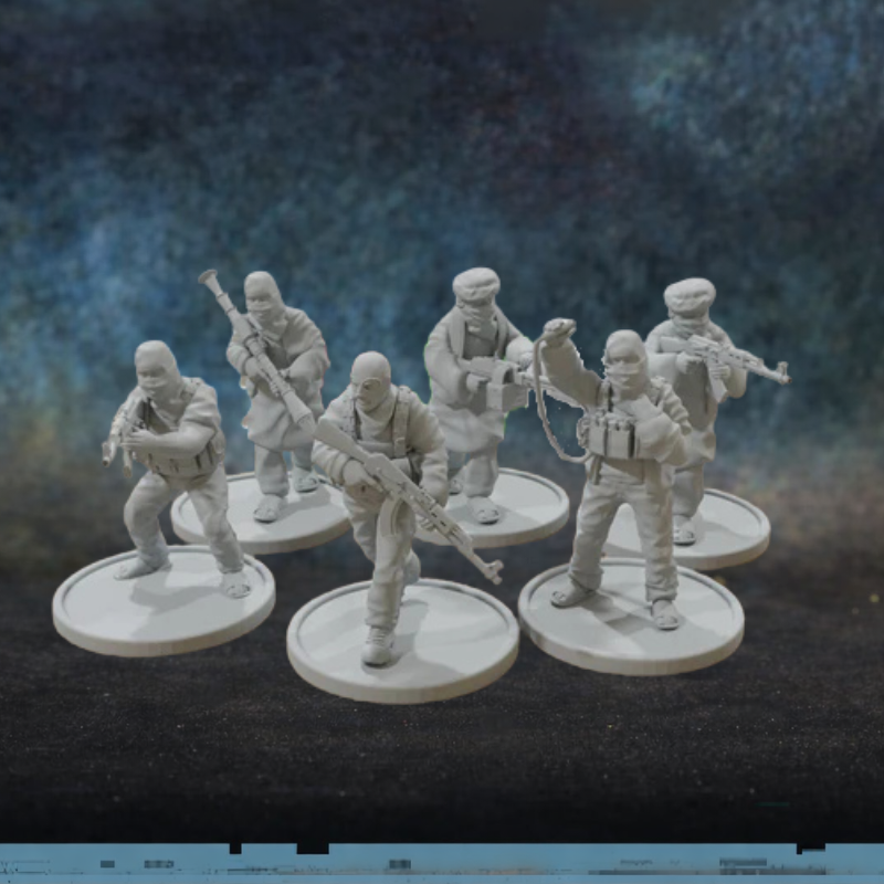 Opposing Forces Middle East Squad TurnBase Miniatures Patrick Miniatures – 6 figurek bojowników z Bliskiego Wschodu z AK, RPG i karabinem maszynowym w cywilno-wojskowych strojach, druk 3D żywica 28mm widok z przodu
