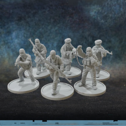 Opposing Forces Middle East Squad TurnBase Miniatures Patrick Miniatures – 6 figurek bojowników z Bliskiego Wschodu z AK, RPG i karabinem maszynowym w cywilno-wojskowych strojach, druk 3D żywica 28mm widok z przodu
