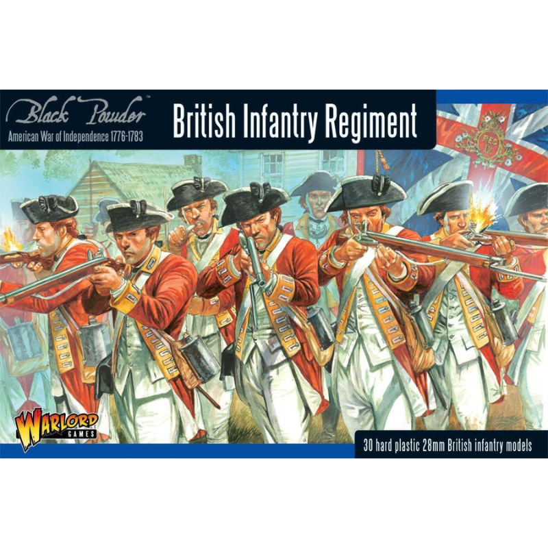 Pudełko zestawu British Infantry Regiment – Black Powder American War of Independence 1776-1783, 30 twardych plastikowych figurek 28mm brytyjskiej piechoty, Warlord Games
