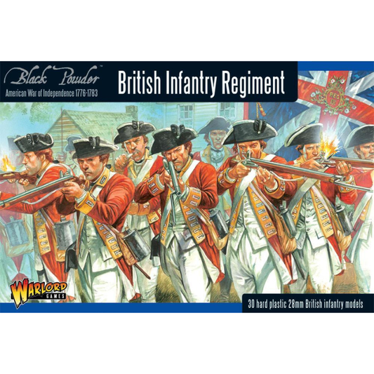 Pudełko zestawu British Infantry Regiment – Black Powder American War of Independence 1776-1783, 30 twardych plastikowych figurek 28mm brytyjskiej piechoty, Warlord Games
