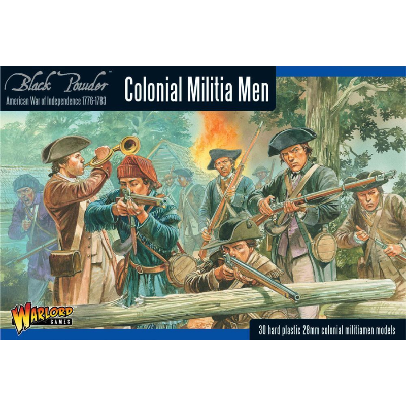 Pudełko zestawu Colonial Militia Men – Black Powder American War of Independence 1776-1783, 30 twardych plastikowych figurek 28mm kolonialnej milicji, Warlord Games
