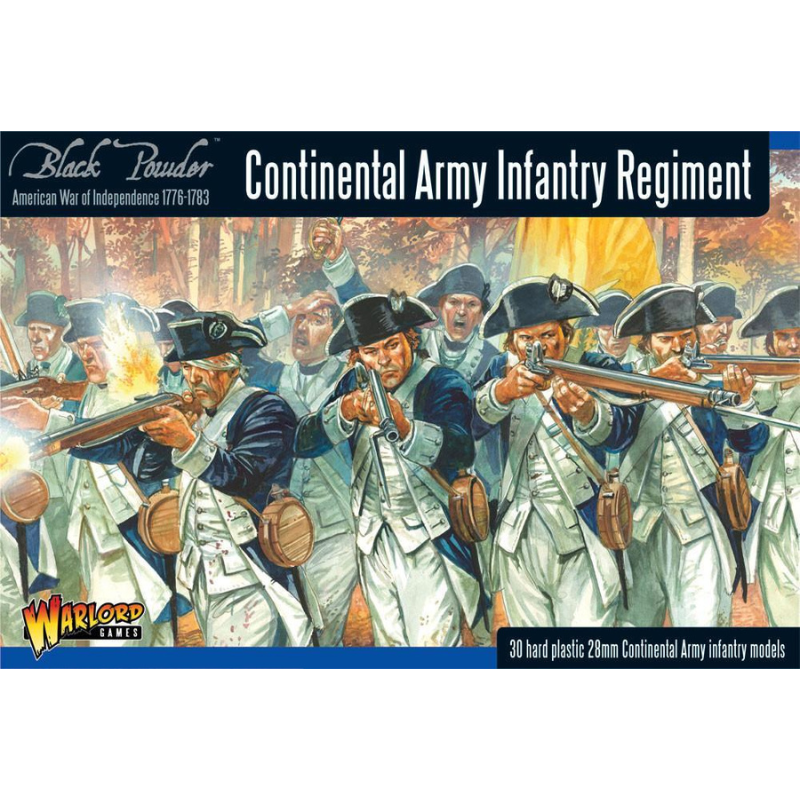 Pudełko zestawu Continental Army Infantry Regiment – Black Powder American War of Independence 1776-1783, 30 twardych plastikowych figurek 28mm piechoty kontynentalnej, Warlord Games
