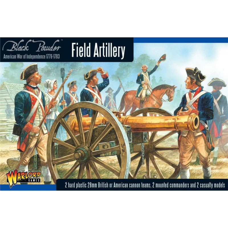 Pudełko zestawu Field Artillery – Black Powder American War of Independence 1776-1783, 2 armaty 28mm z obsługą brytyjską lub kontynentalną, 2 konni dowódcy i 2 figurki poległych, Warlord Games
