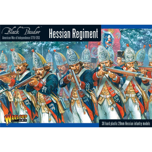 Pudełko zestawu Hessian Regiment – Black Powder American War of Independence 1776-1783, 30 twardych plastikowych figurek 28mm heskiej piechoty w stalowych mitrach, Warlord Games
