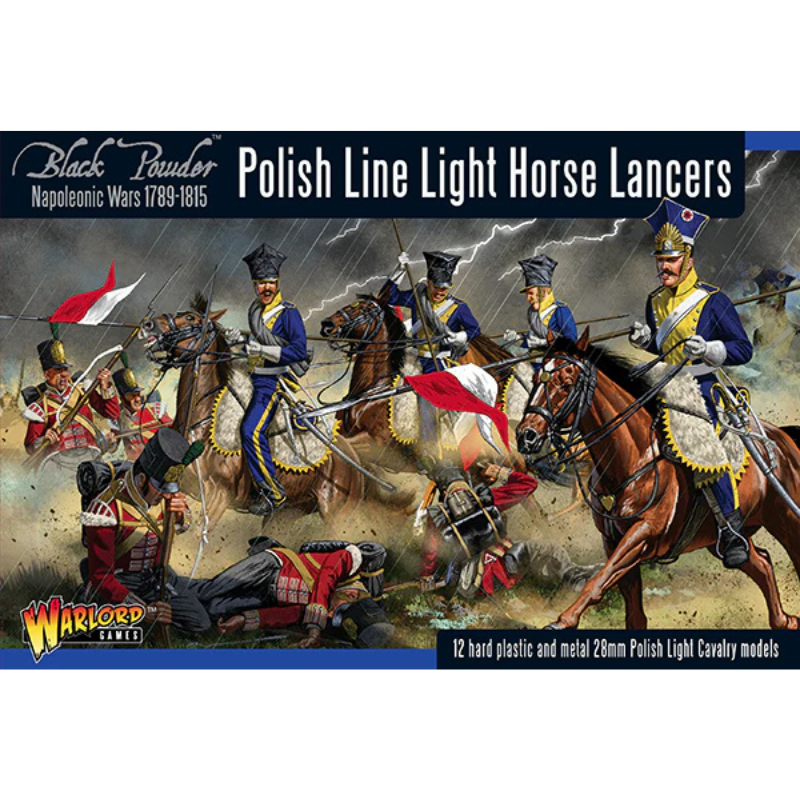 Pudełko zestawu Napoleonic Polish Line Light Horse Lancers – ilustracja szarży polskich lansjerów na brytyjską piechotę, 12 twardych plastikowych i metalowych figurek 28mm, Warlord Games Black Powder
