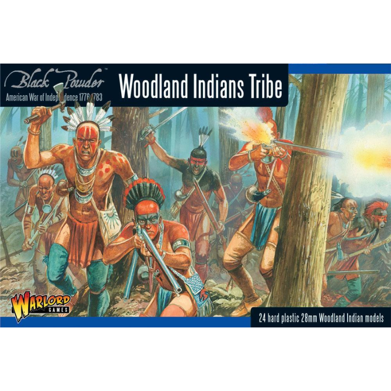 Pudełko zestawu Woodland Indian Tribes – Black Powder American War of Independence 1776-1783, 24 twarde plastikowe figurki 28mm indiańskich wojowników leśnych, Warlord Games
