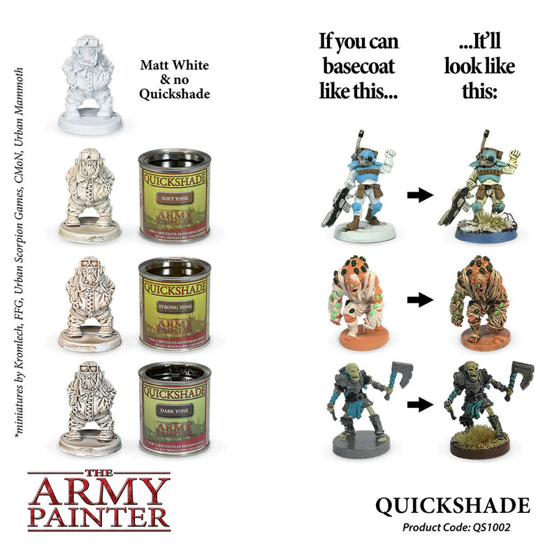 Quickshade Dip - porównanie Soft Tone, Strong Tone i Dark Tone na figurkach przed i po nałożeniu
