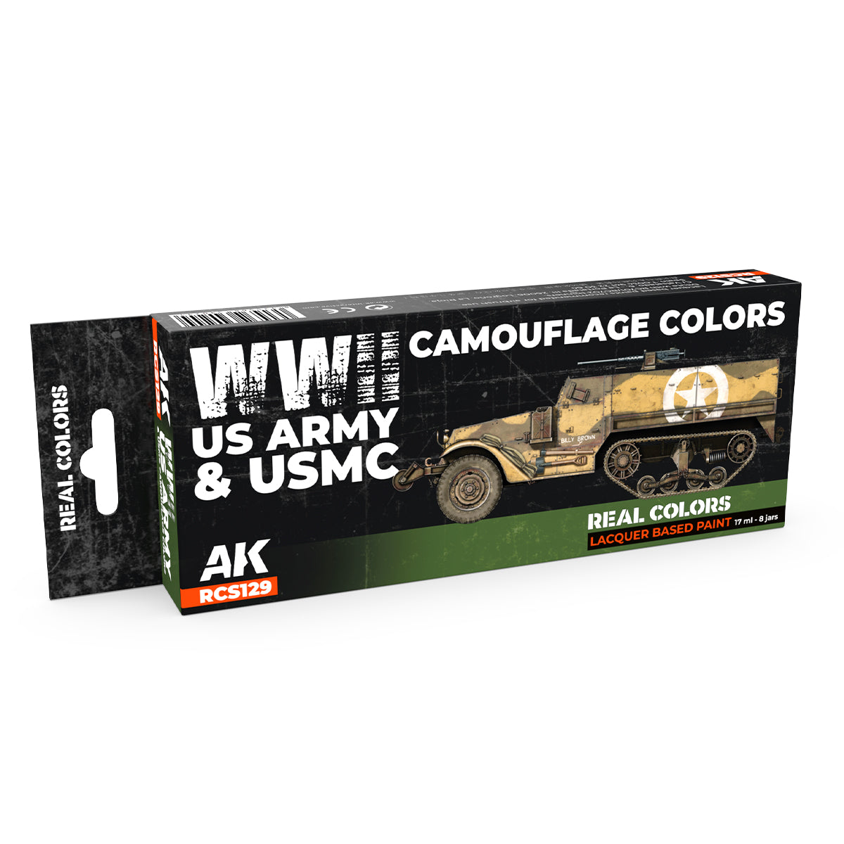 WWII US Army & USMC Camouflage Colors RCS129 Real Colors - zestaw 8 farb celulozowych Lacquer Based Paint 17ml do modeli pojazdów WWII - AK Interactive
