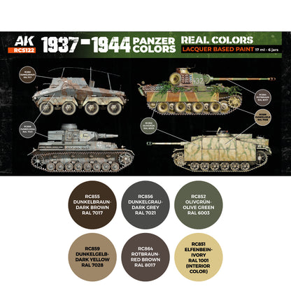 1937-1944 Panzer Colors RCS122 zawartość - karta 6 kolorów Real Colors: RC855 Dunkelbraun RAL 7017, RC856 Dunkelgrau RAL 7021, RC852 Olivgrün RAL 6003, RC859 Dunkelgelb RAL 7028, RC864 Rotbraun RAL 8017, RC851 Elfenbein RAL 1001 - AK Interactive
