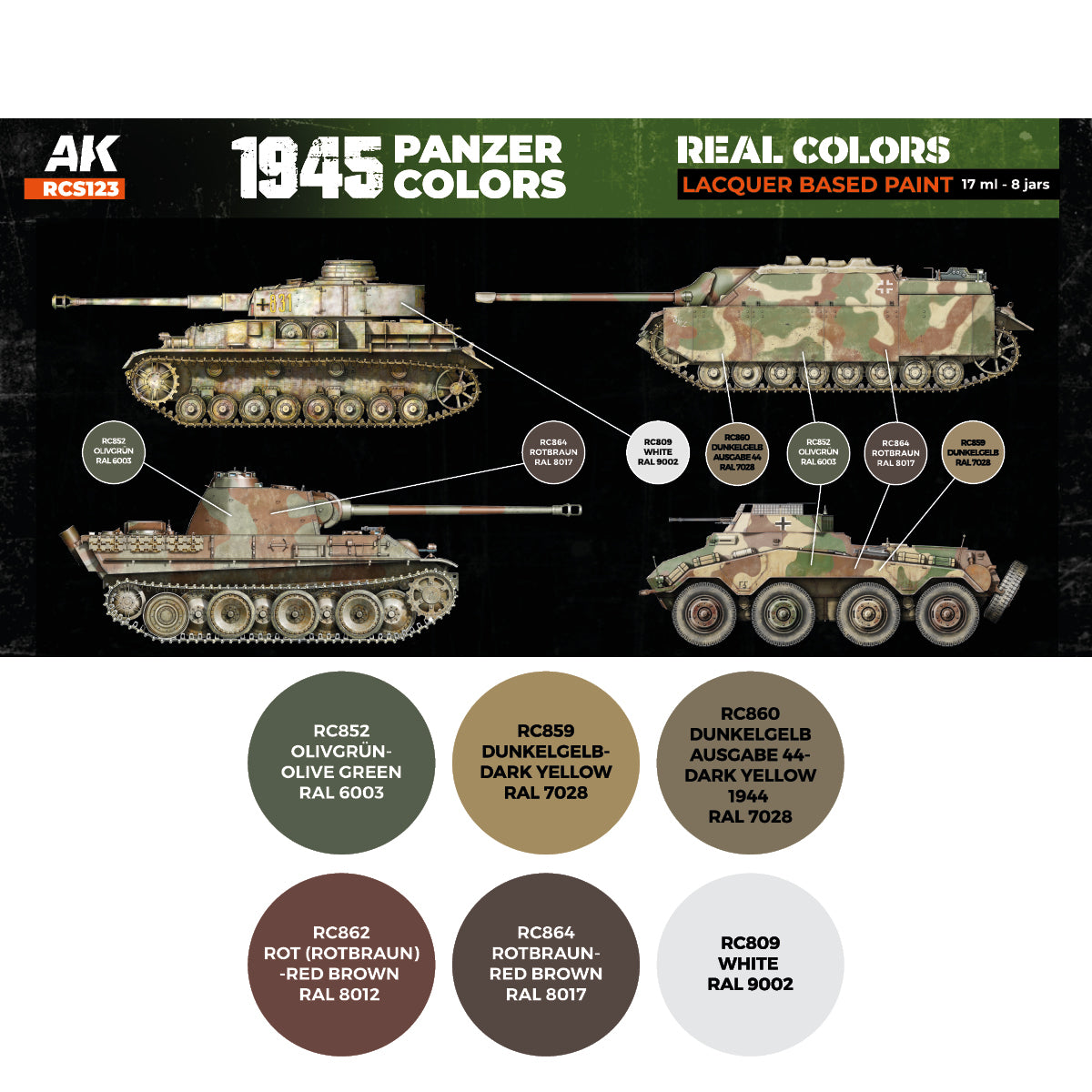 1945 Panzer Colors RCS123 zawartość - karta 6 kolorów Real Colors: RC852 Olivgrün RAL 6003, RC859 Dunkelgelb RAL 7028, RC860 Dunkelgelb Ausgabe 44, RC862 Rot RAL 8012, RC864 Rotbraun RAL 8017, RC809 White RAL 9002 - AK Interactive
