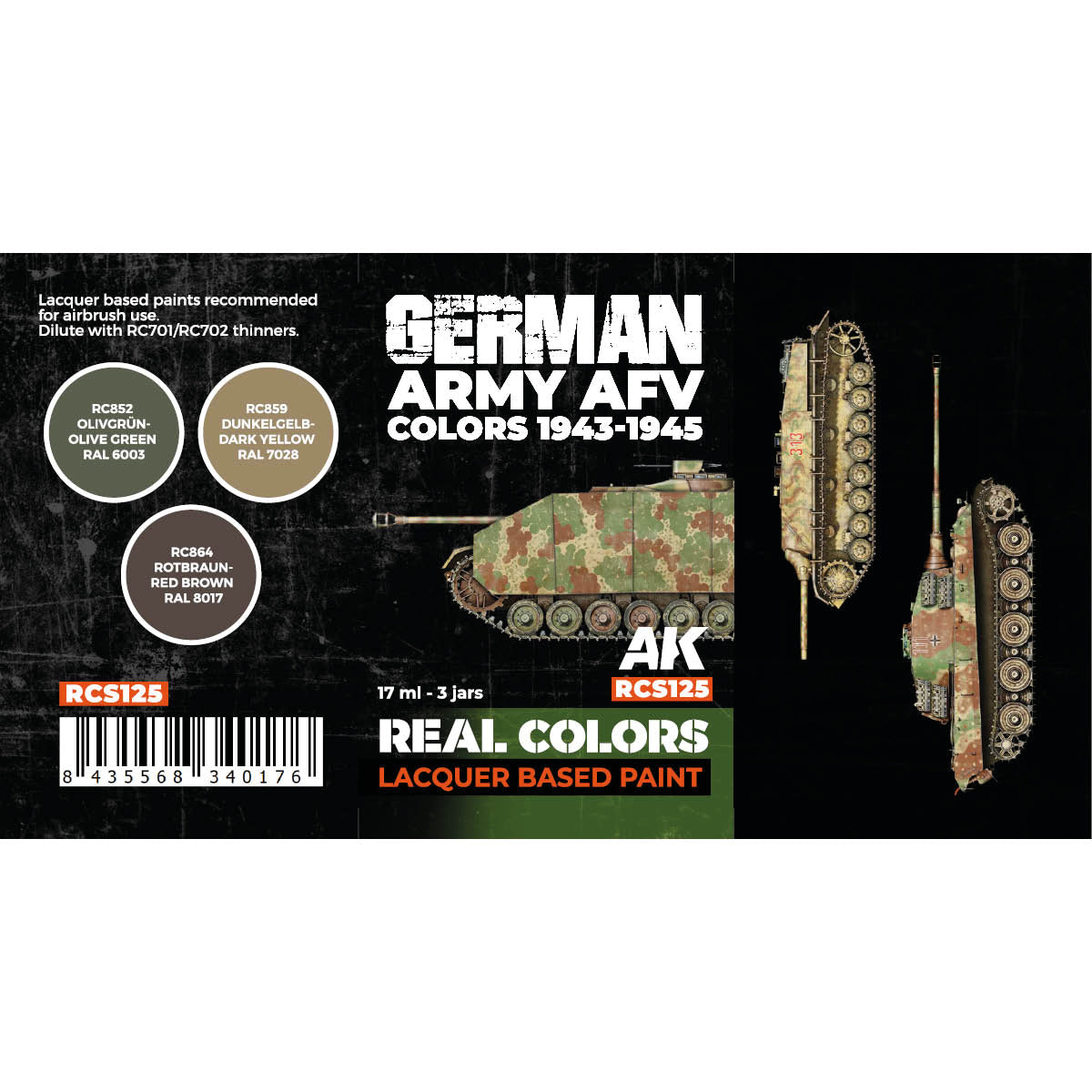 German Army AFV Colors 1943-1945 AK Interactive Real Colors RCS125 zawartość - RC852 Olivgrün RAL 6003, RC859 Dunkelgelb RAL 7028, RC864 Rotbraun RAL 8017 - AK Interactive
